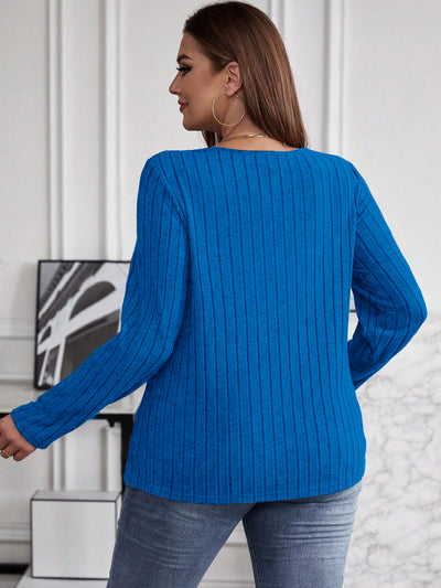 Suéter Tipo Polera Plus Size Cuello V Cruzado Manga Larga Textura Acanalada - Image 26