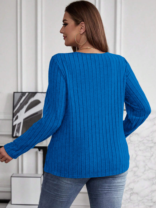 Suéter Tipo Polera Plus Size Cuello V Cruzado Manga Larga Textura Acanalada - Image 26