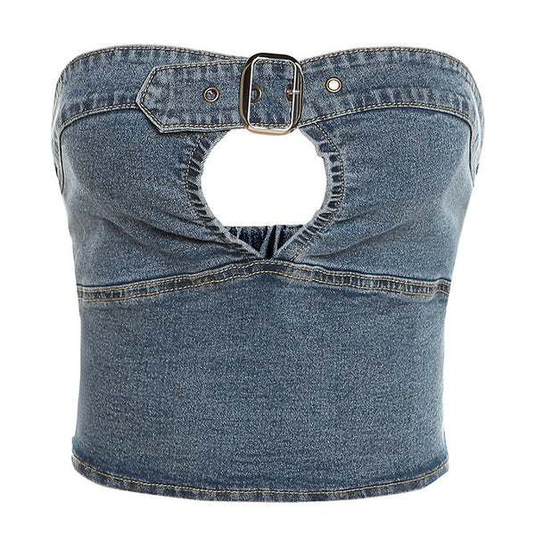 Top Ajustable de Encaje con Cierre Frontal y Cuello Alto