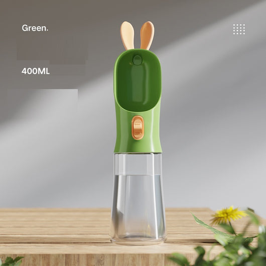 Grey and white portable pet water bottle with clear reservoir, built-in drinking bowl, and decorative bunny ears. - Image 5