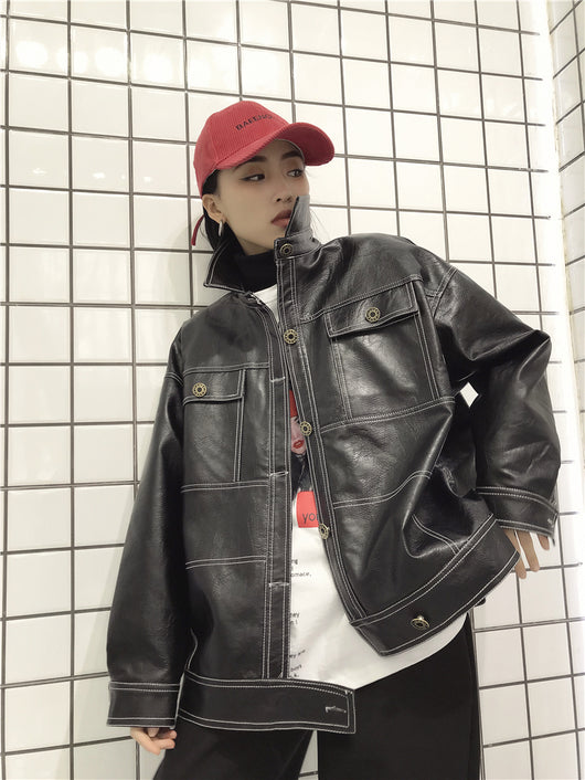 Chaqueta de Cuero PU para Motocicleta Mujer con Bolsillos Grandes y Costuras Topstitched - Image 7