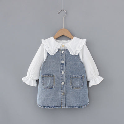 Conjunto Infantil Niña: Camisa Denim con Solapa Grande y Falda con Tirantes - Image 11