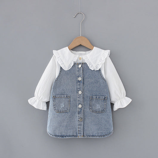 Conjunto Infantil Niña: Camisa Denim con Solapa Grande y Falda con Tirantes - Image 11