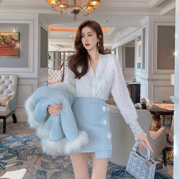 Conjunto Elegante de Abrigo y Falda de Lana Francesa