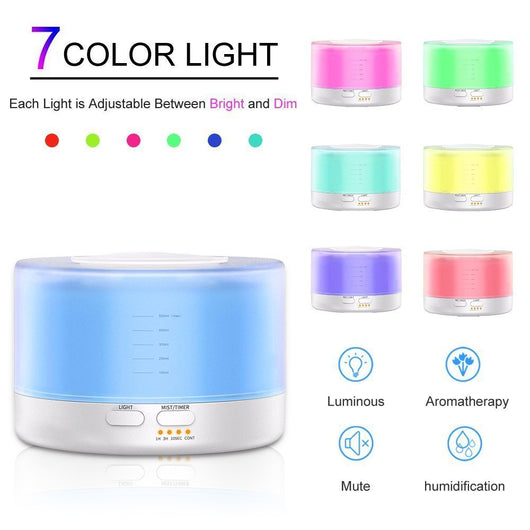 A cylindrical aromatherapy diffuser with a dark wood grain base and a translucent top glowing aqua blue, featuring control buttons. - Image 3