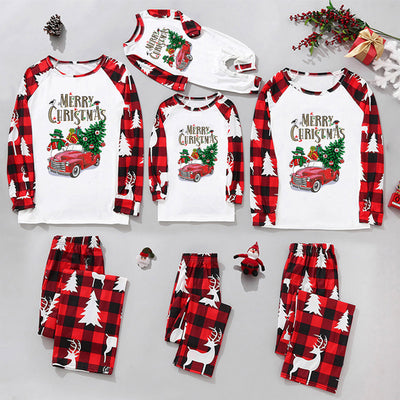 Matching family Christmas pajamas in red and black buffalo plaid with a vintage car, snowman, and 'Merry Christmas' graphic. - Image 11