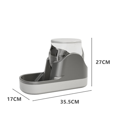 Gray and white automatic pet water dispenser with a transparent reservoir, measuring 35.5cm x 27cm x 17cm. - Image 5