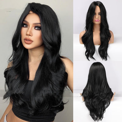Peluca Ondulada Larga Negro Medio Raya - Ondas Voluminosas - Image 6