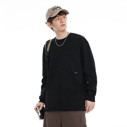 Camiseta Suelta de Cuello Redondo Manga Larga Básica para Hombre