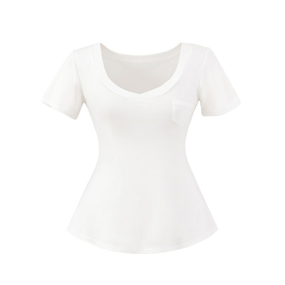 Blusa de Verano Ajustada al Talle con Escote en V y Manga Corta
