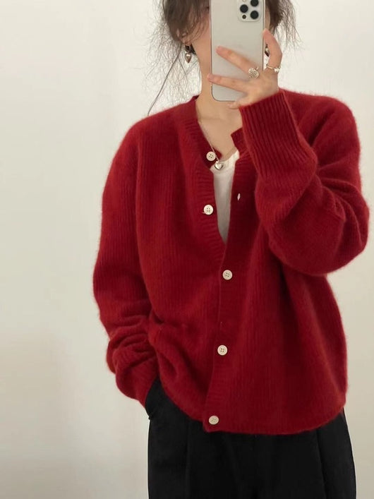 Cardigan de Cachemira para Mujer Cuello Redondo Abrigo Tejido Grueso Otoño Invierno - Image 12