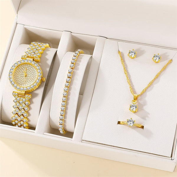 Set de 5 Piezas de Joyería: Pulsera, Collar, Anillo y Reloj con Diamantes