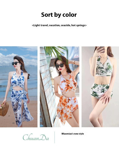 Women's light blue tropical leaf print three-piece swimsuit with short sleeve bikini top, bottoms, and sarong skirt. - Image 25