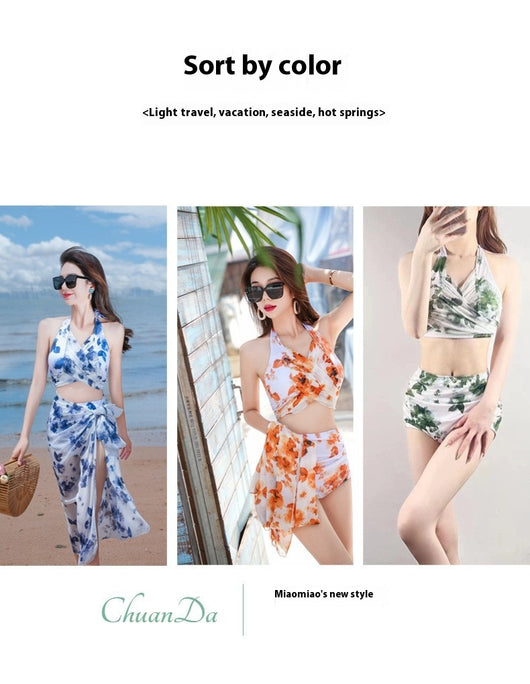 Women's light blue tropical leaf print three-piece swimsuit with short sleeve bikini top, bottoms, and sarong skirt. - Image 25