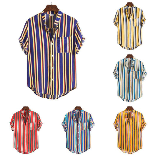 Camisa Casual Hombre Talla Grande Cuello Parado Rayas Manga Corta - Image 13