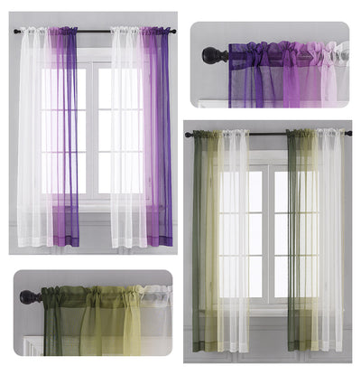 Pink and white gradient sheer rod pocket curtain panels hung on a black rod in front of a window. - Image 13