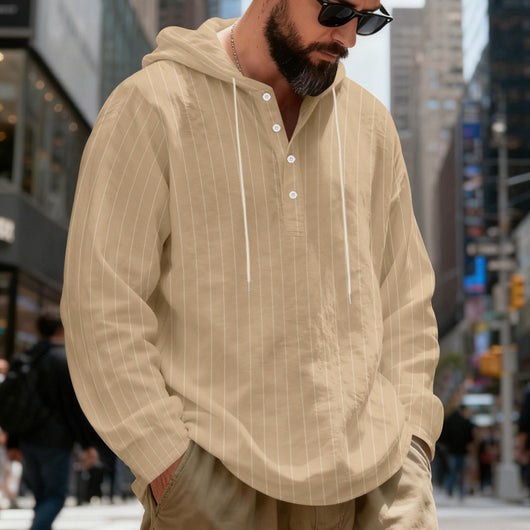 Camisa Lino Holgada Talla Grande Hombre a Rayas con Capucha - Image 29