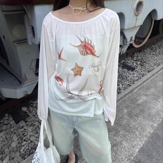 Blusa de Protección Solar con Cuello Ancho y Hombros Descubiertos - Manga Larga para Mujer
