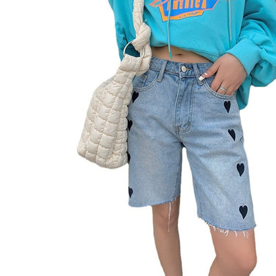 Pantalones Jeans Mujer Cintura Alta Pierna Ancha Recta con Detalles de Amor