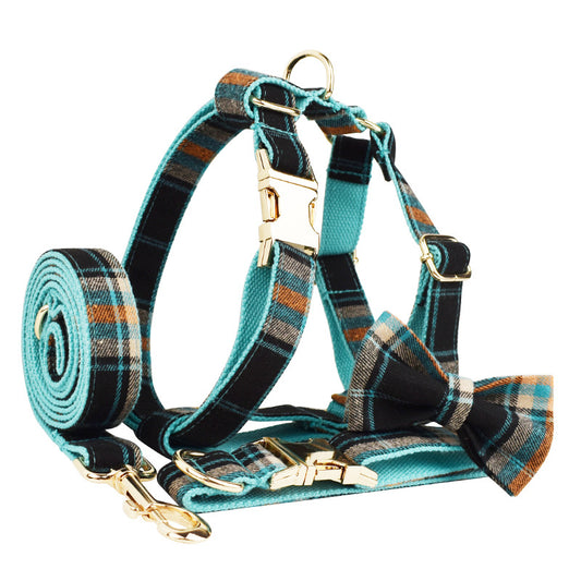 Collar Retro Verde para Mascotas con Correa de Tracción y Moño Adorable