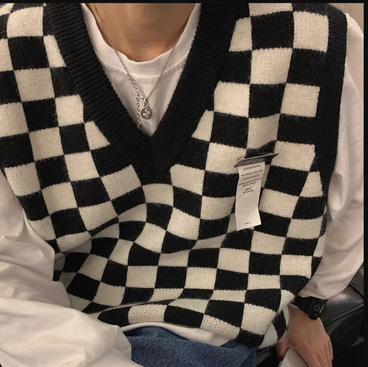 Chaleco Sweater de Punto Cuadros Preppy con Cuello en V para Hombre - Image 2