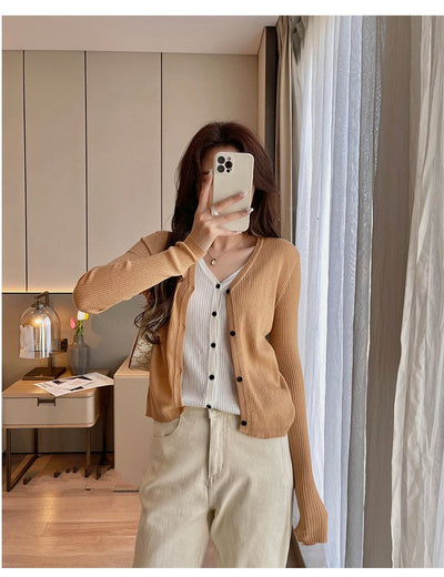 Cardigan Tejido Falsa Dos Piezas Mujer Cuello V Manga Larga - Image 30