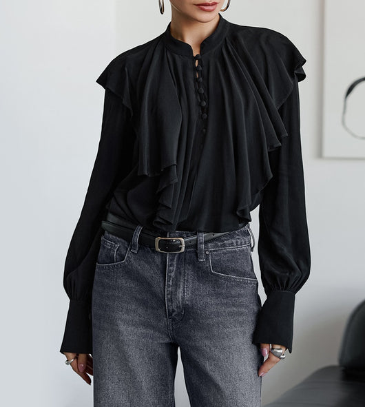 Blusa Negra Elegante con Volantes Drapeados Estilo Palacio - Image 7