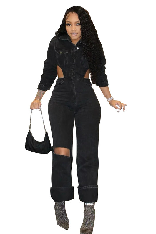 Jumpsuit Denim Casual con Diseño Hueco y Cintura Elástica - Image 7
