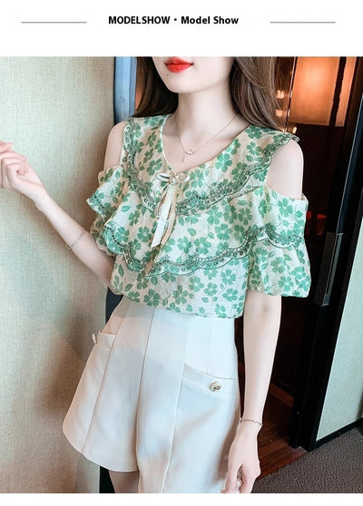 Blusa Chiffon Floral Hombro Descubierto - Camisa Romántica de Manga Corta - Image 16