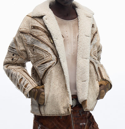 Chaqueta Denim de Lana de Cordero Desgastada en Tono Albaricoque - Image 14