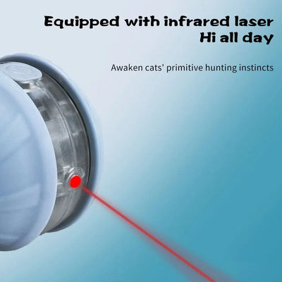 Light blue and white automatic rolling cat toy ball with a purple faux tail, featuring a power button. - Image 4