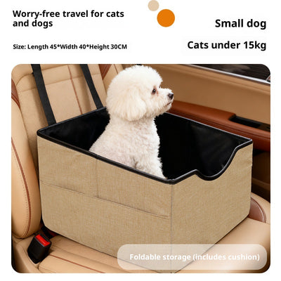 Beige pet car seat with a small white dog inside, secured to a car's passenger seat, designed for safe travel. - Image 8