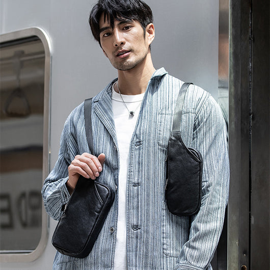 Bolsa Pectoral de Cuero Genuino para Hombre - Estilo Casual Versátil