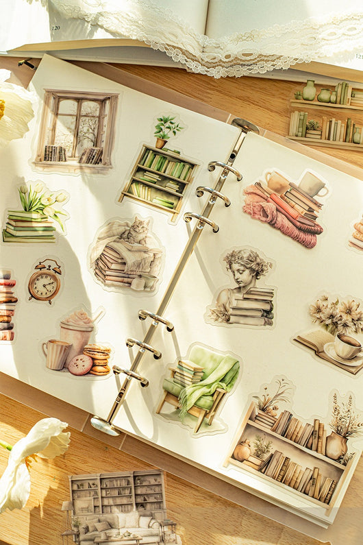 Set of 20 PET stickers featuring watercolor illustrations of cozy reading nooks, bookshelves, books, and related items. - Image 17