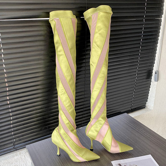 Botas Altas Over The Knee con Tacón Puntiagudo y Malla Elástica