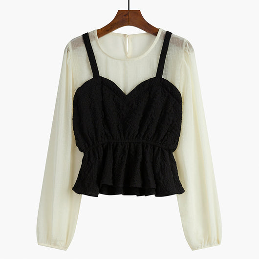 Blusa Elegante con Mangas Linterna y Efecto Dos Piezas - Image 3