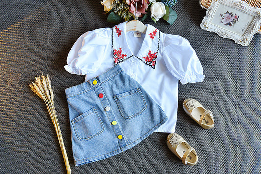 Conjunto Infantil Blusa con Cuello Bordado y Falda Denim - Image 2