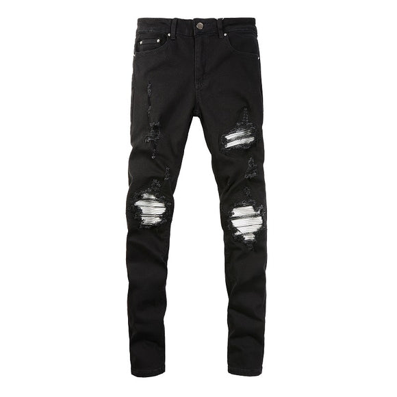 Calça Jeans Masculina Slim Fit com Patches Rasgados e Tecido Elástico