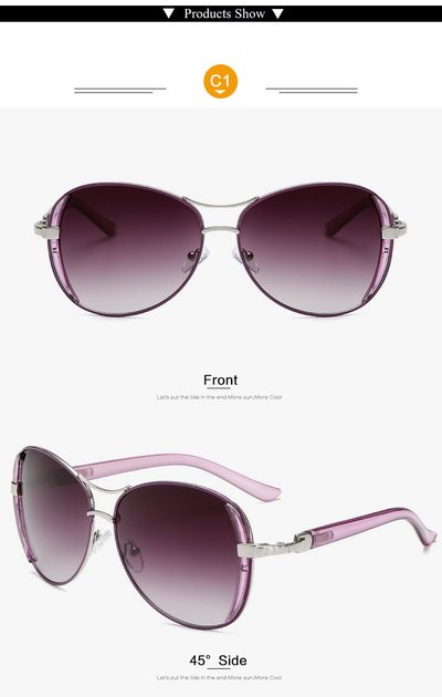 Women's large frame fashionable sunglasses with gradient gray lenses, silver-tone metal frames, and white arms. - Image 11
