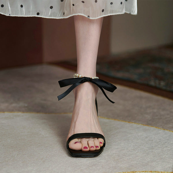 Sandalias de Tacón Grueso con Tira Perla Francesa y Cuero para Mujer - Image 4