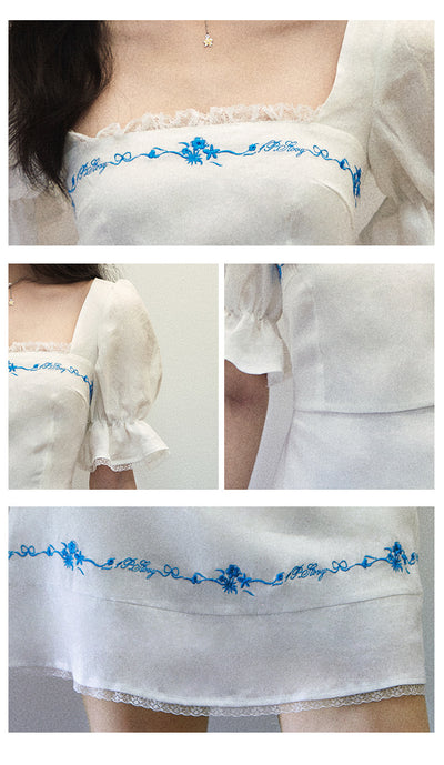 Vestido de Lino Blanco con Bordado Azul y Cuello Generoso - Manga Corta Verano - Image 7