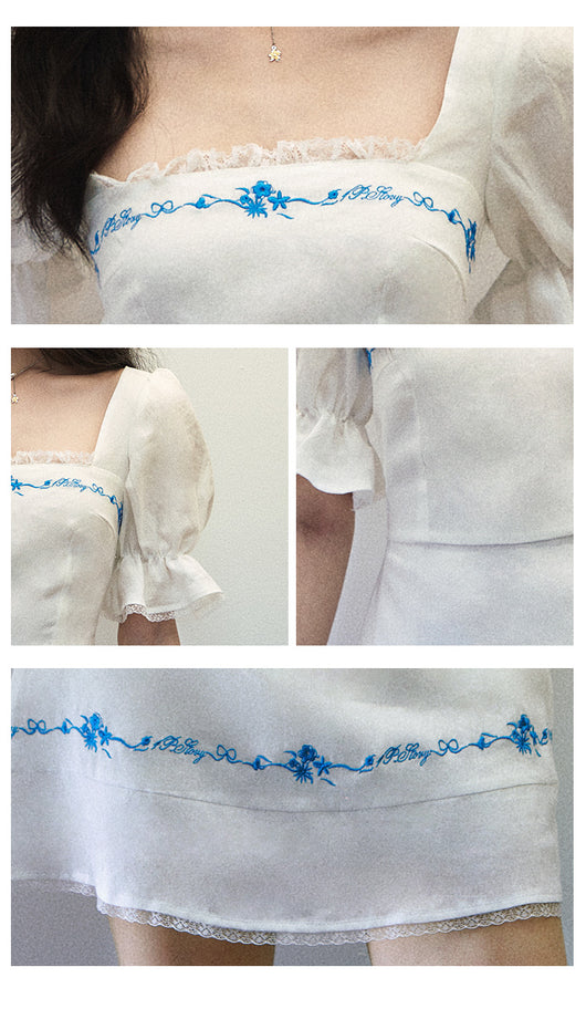 Vestido de Lino Blanco con Bordado Azul y Cuello Generoso - Manga Corta Verano - Image 7