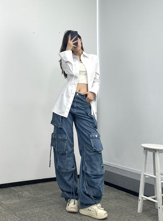 Pantalones Vaqueros Anchos para Mujer con Múltiples Bolsillos - Image 8