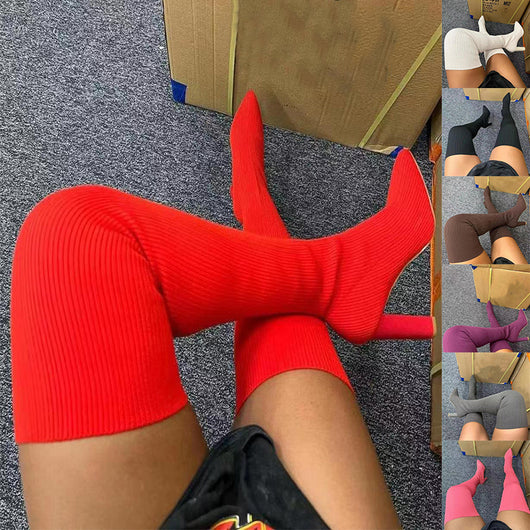Botas Altas Over Knee Tacón Alto Punta Aguda Tejido Elástico para Invierno