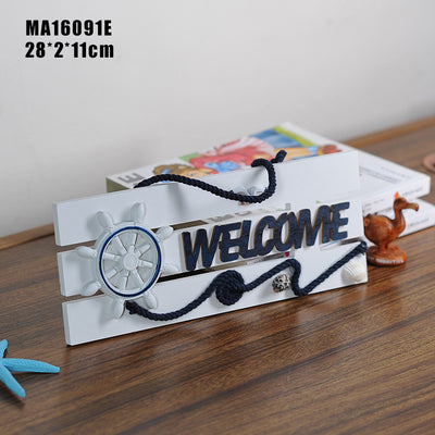 Placa de Bienvenida Mediterránea con Ancla Marina y Timón - Decoración Náutica de Madera - Image 15