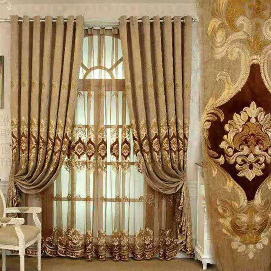 Purple chenille velvet curtains with gold embroidery, tied back to reveal a sheer embroidered curtain behind. - Image 2
