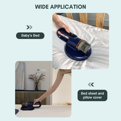 Dark blue handheld bed vacuum cleaner with clear dustbin, gold accents, and illuminated control panel on a charging base. - Image 14
