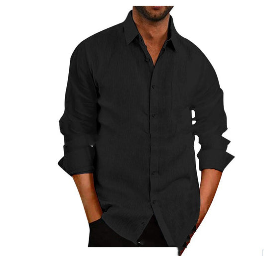 Camisa Manga Larga de Algodón y Lino para Hombre - Cuello Solapa Color Sólido - Image 5