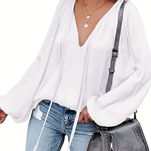 Blusa de Satén con Cuello en V y Mangas Largas para Mujer - Image 3