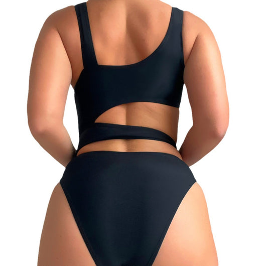 Black one-piece swimsuit with a square neckline, wide straps, and high-cut bottom, featuring a hollow-out midriff design. - Image 5